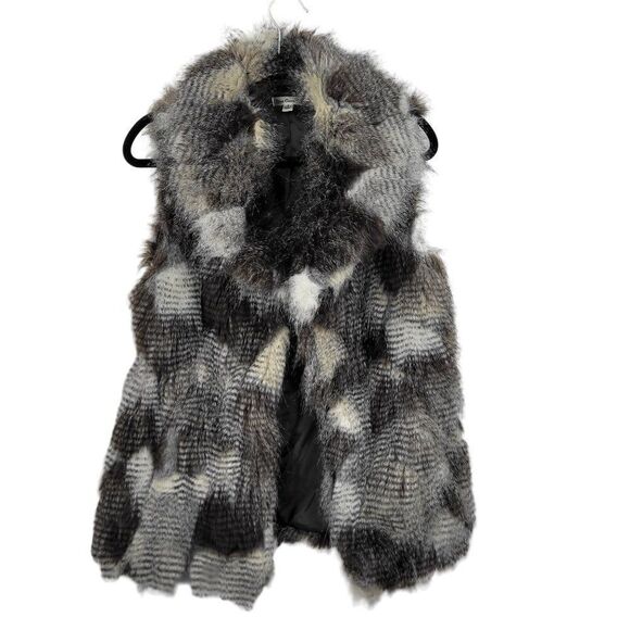 Free Generation Shaggy Patchwork Vegan Faux Fur Vest S Brown Gray Glam Night Out - Picture 13 of 13